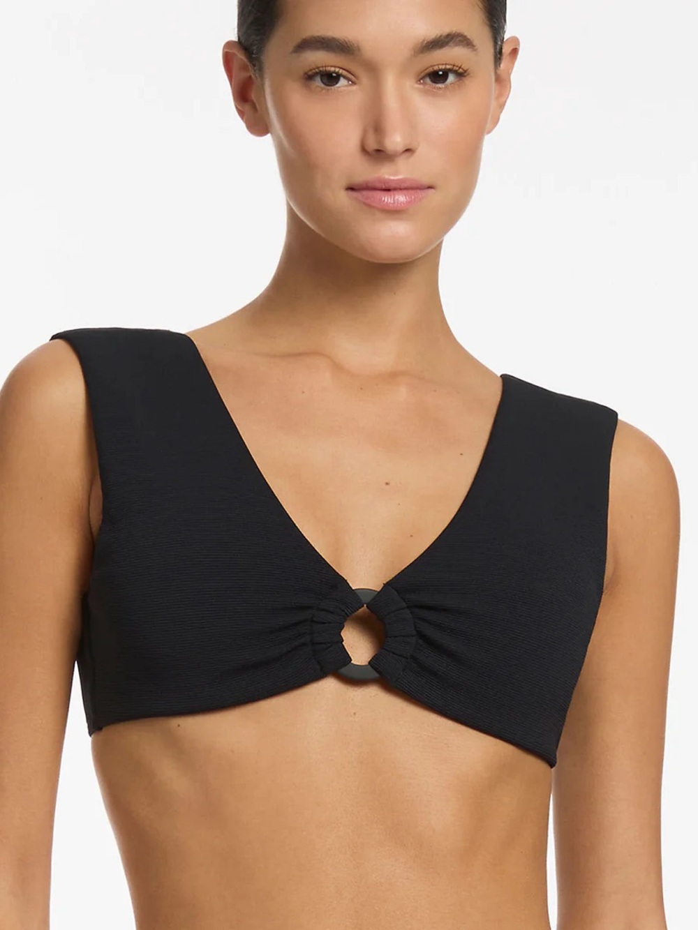 Jets Australia Textured Isla Rib Wide Strap Top Bikini in Black Size 16